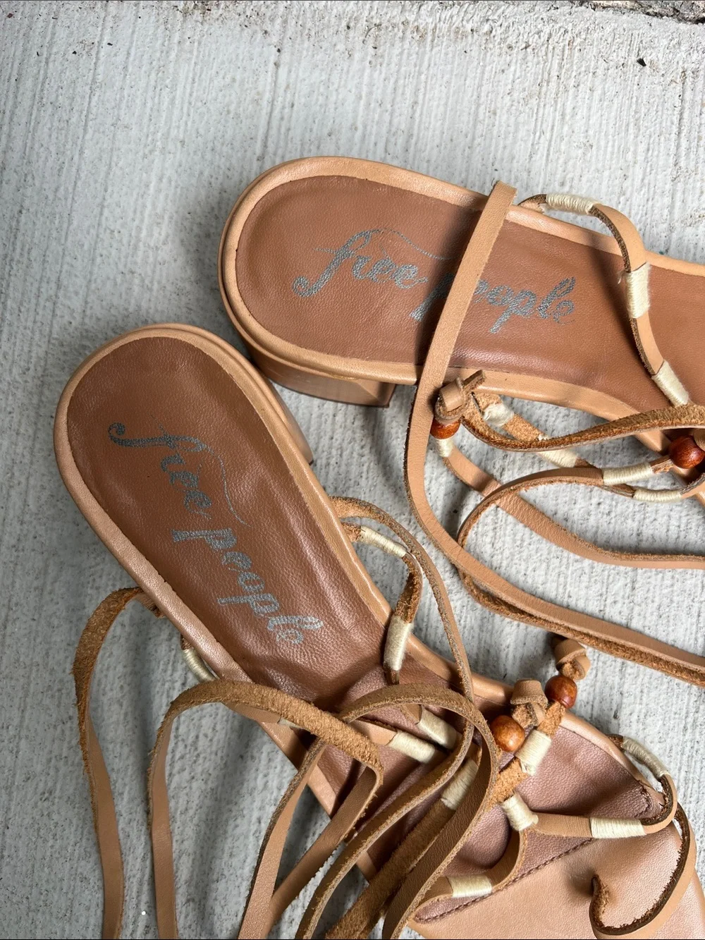 Free People Hermosa Tan Wrap-Around Boho Leather Sandals with Bead Detail 9.5